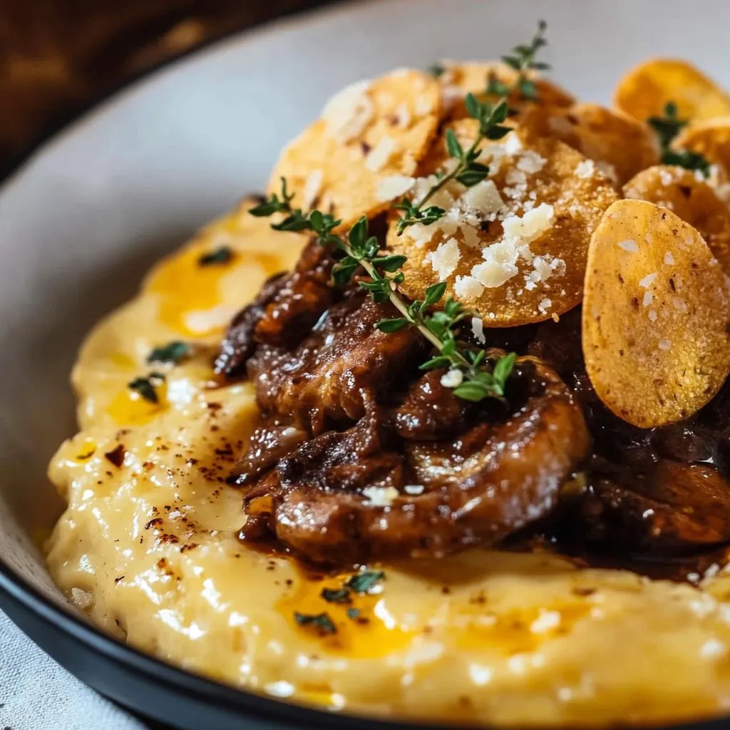 Hirschragout mit Kürbis-Ziegenkäsecreme und Parmesan Chips
