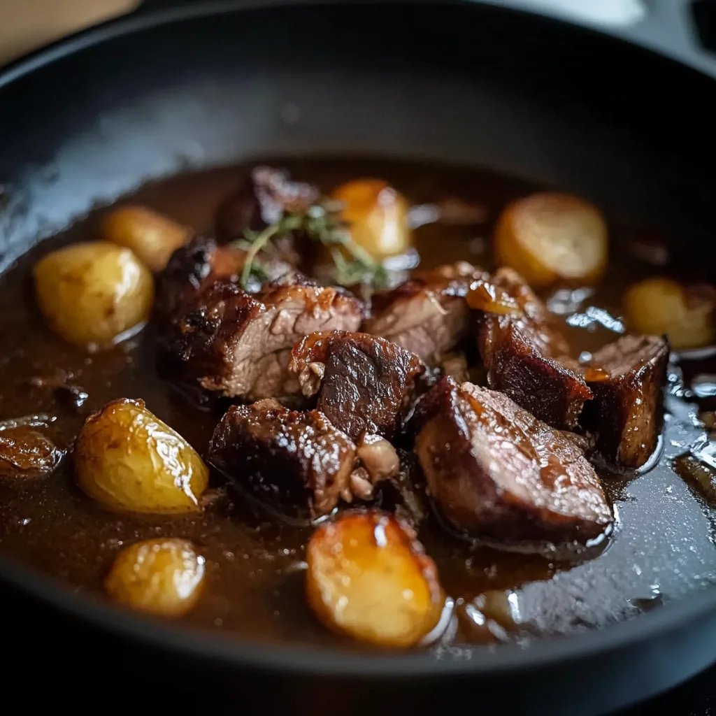 Wildschweinegulasch mit frischen Pilzen und Rinderbauchspeck