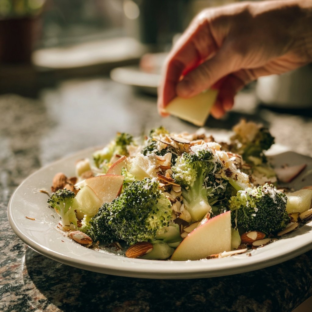 Knackiger Brokkolisalat mit Käse, Apfel und Mandeln – Schnell und lecker